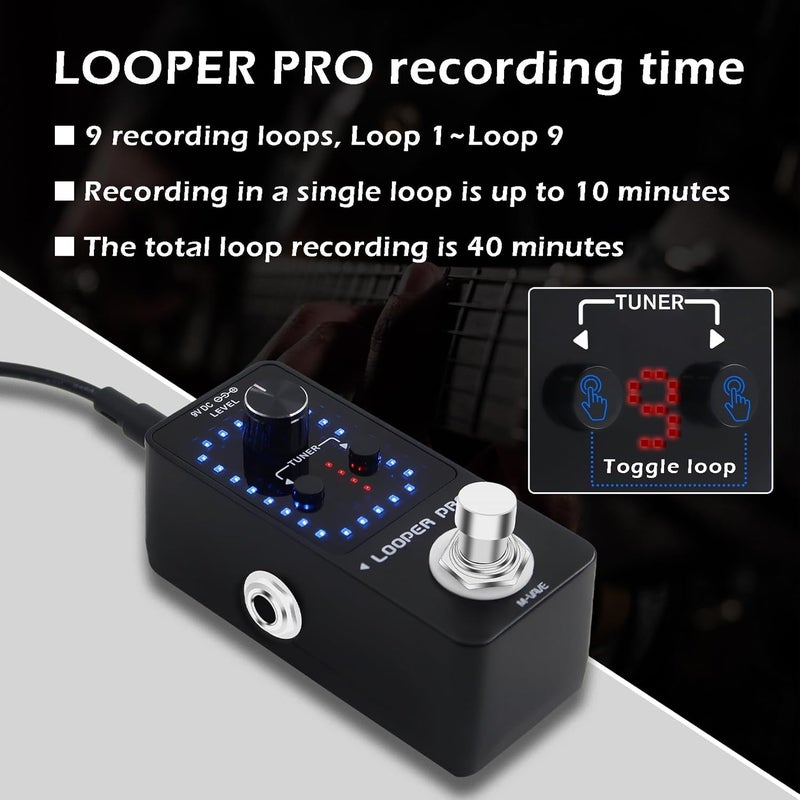 M-VAVE بيدال لوب برو - 40 دقيقة زمن التكرار 9 حلقات بيدال لوبر احترافي للجيتار مع مو tuner لجيتار كهربائي تكرار بخطوة واحدة تراكب غير محدود تراجع وإعادة - Image 3